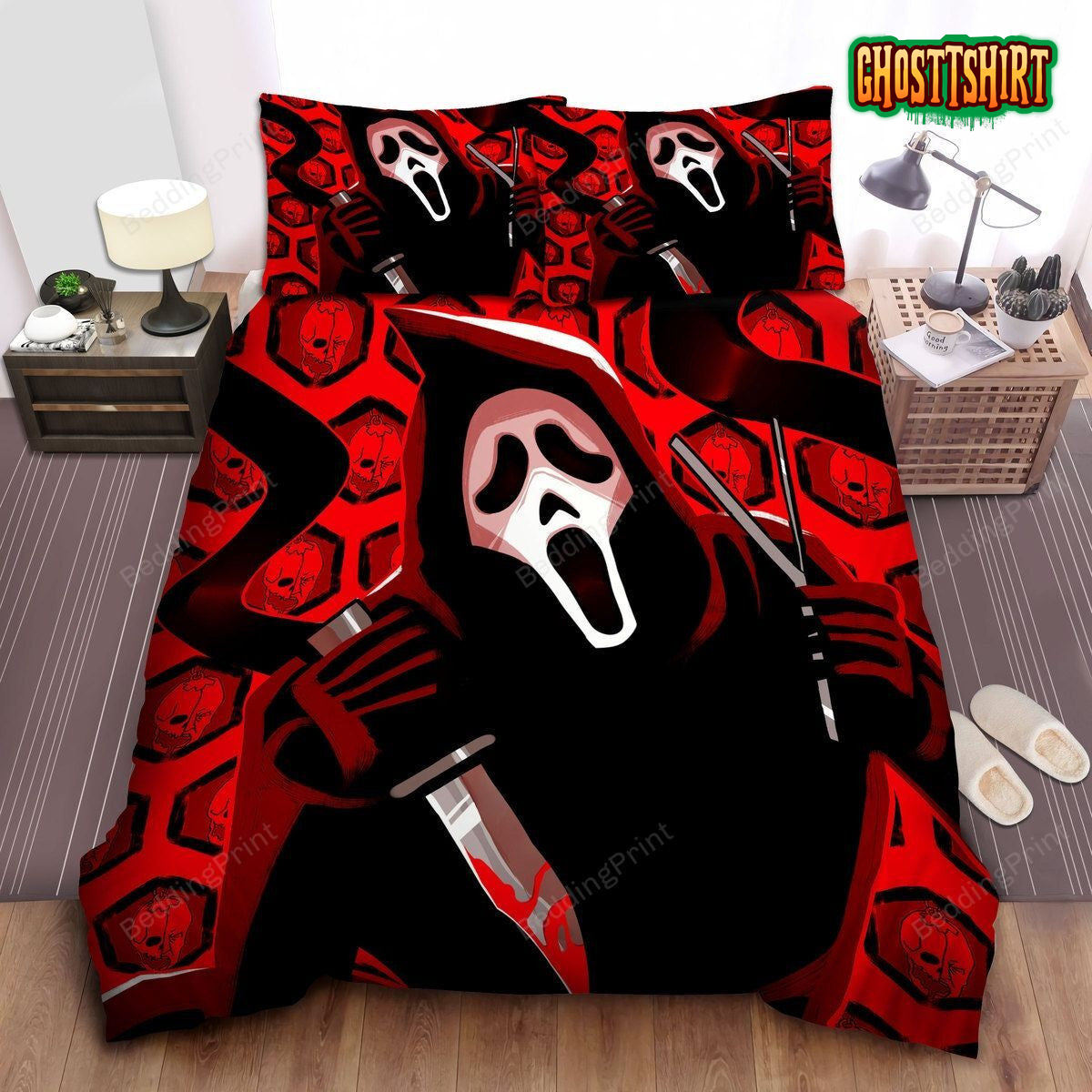 Black Ghostface On Red Theme Digital Painting Bed Sheets Duvet Cover Bedding Set