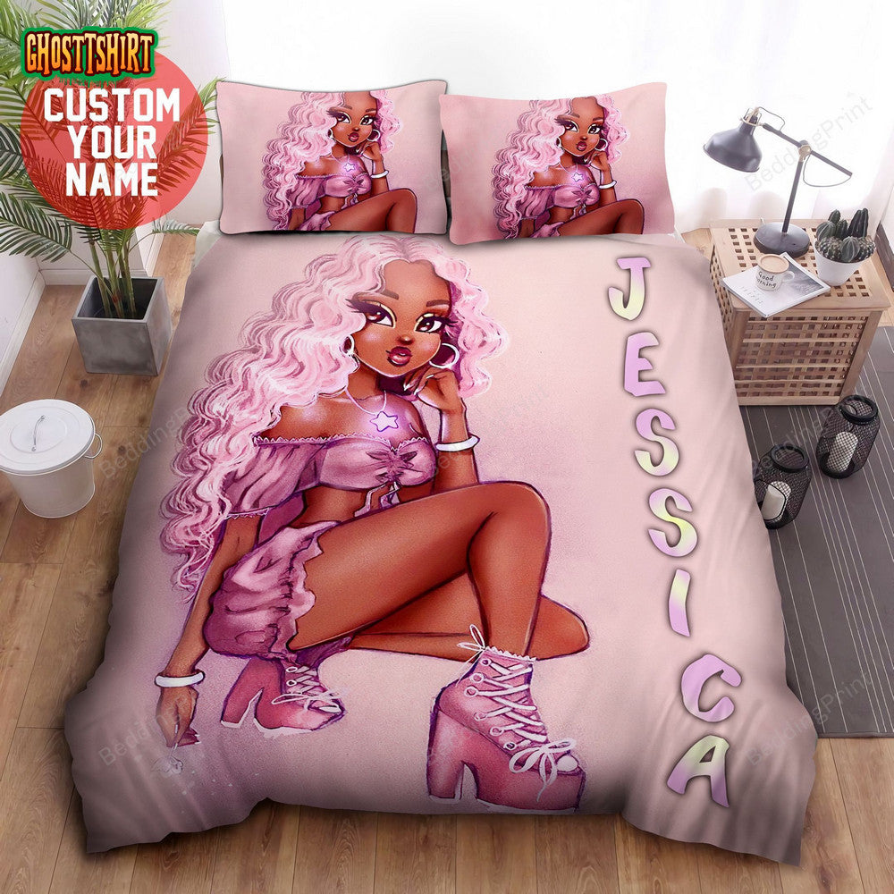 Black Girl All Pink Custom Name Duvet Cover Bedding Set