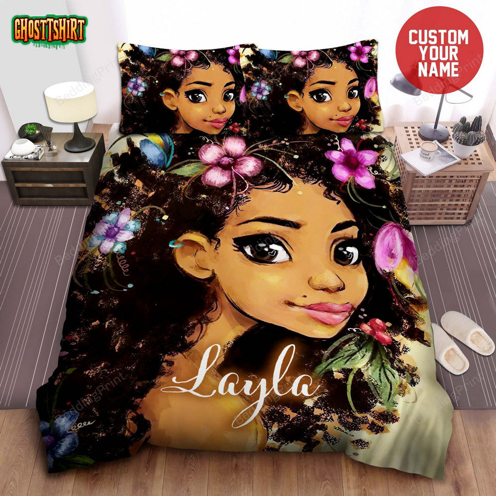 Black Girl Flower Afircan American Woman Custom Name Duvet Cover Bedding Set