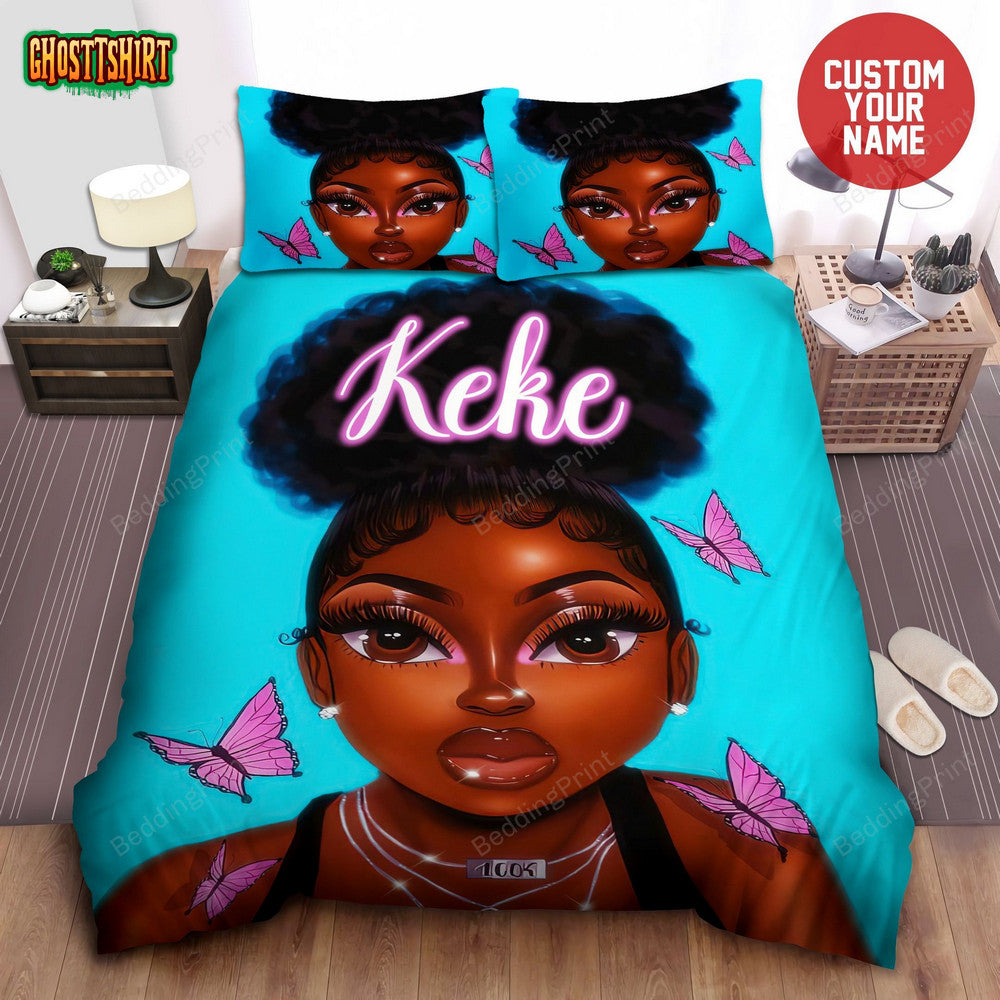 Black Girl High Puff Hairstyle With Butterfly African Custom Name Duvet Cover Bedding Set