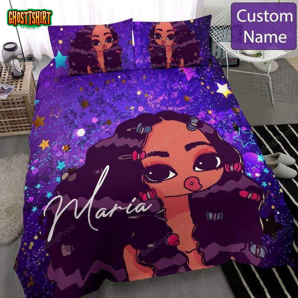 Black Girl Purple Galaxy Custom Name Duvet Cover Bedding Set