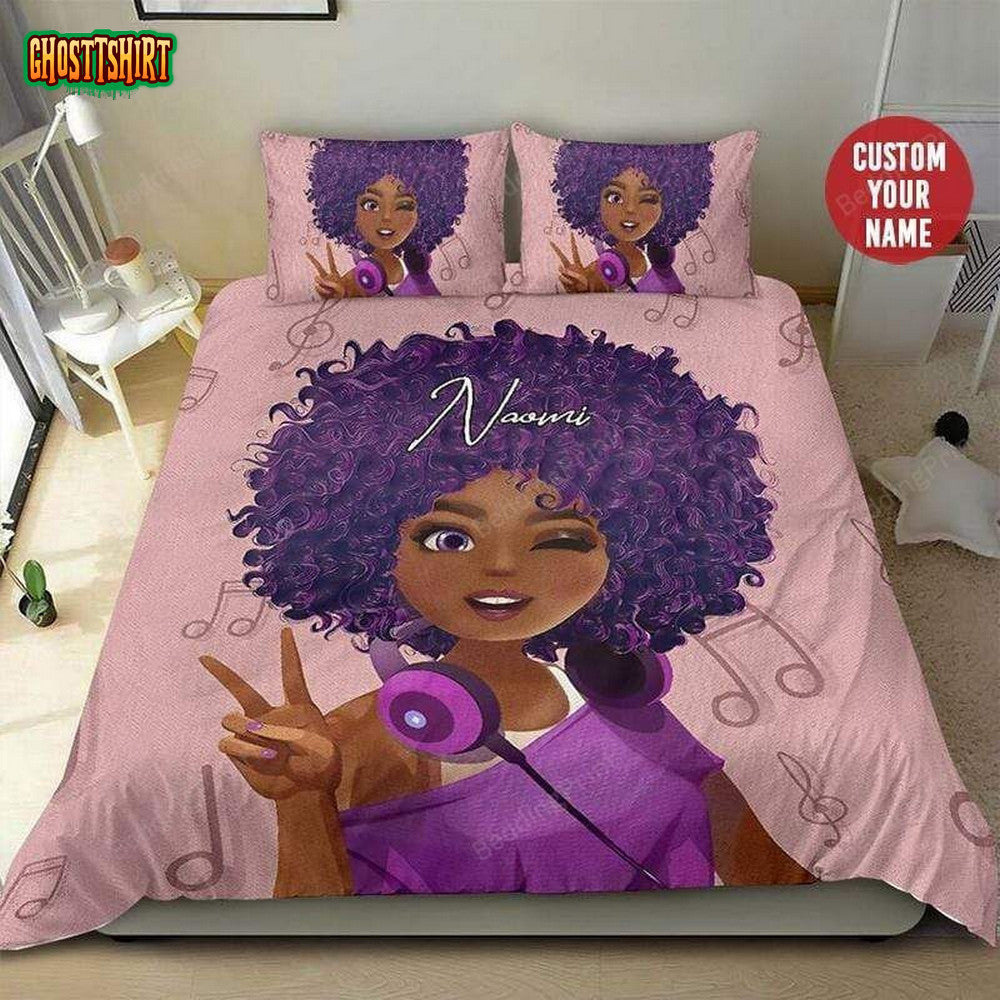 Black Girl Purple Music Note Custom Name Duvet Cover Bedding Set