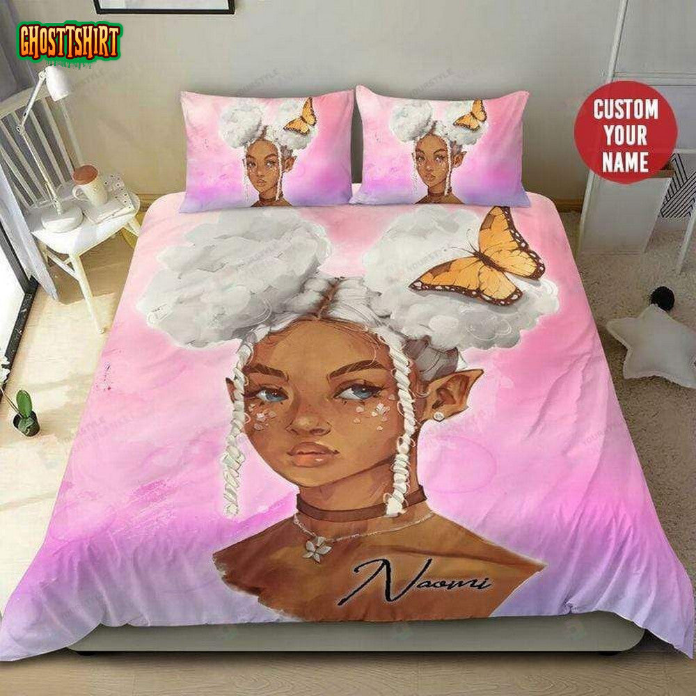 Black Girl White Hair Butterfly Custom Name Duvet Cover Bedding Set