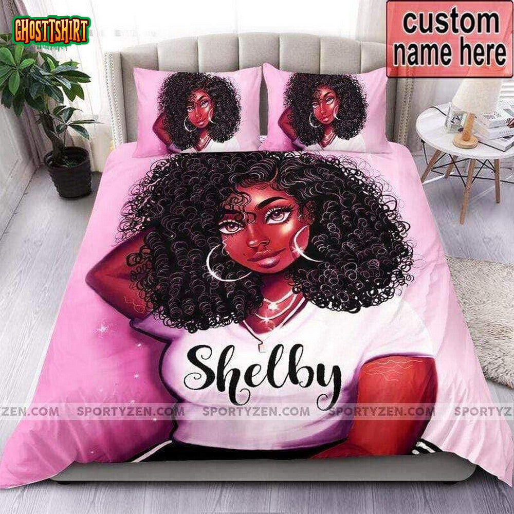 Black Girl With Curly Hair African Custom Name Duvet Cover Bedding Set