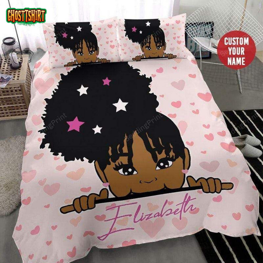 Black Little Girl Heart Star Personalized Custom Name Duvet Cover Bedding Set