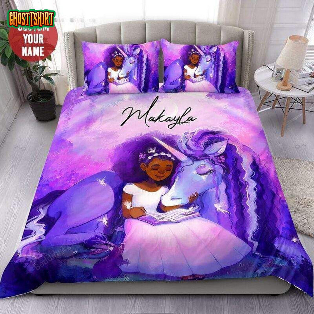 Black Little Girl With Unicorn Custom Name Duvet Cover Bedding Set