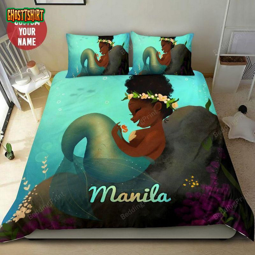 Black Mermaid So Cute With Seahorse Personalized Custom Name Duvet Cover Bedding Set