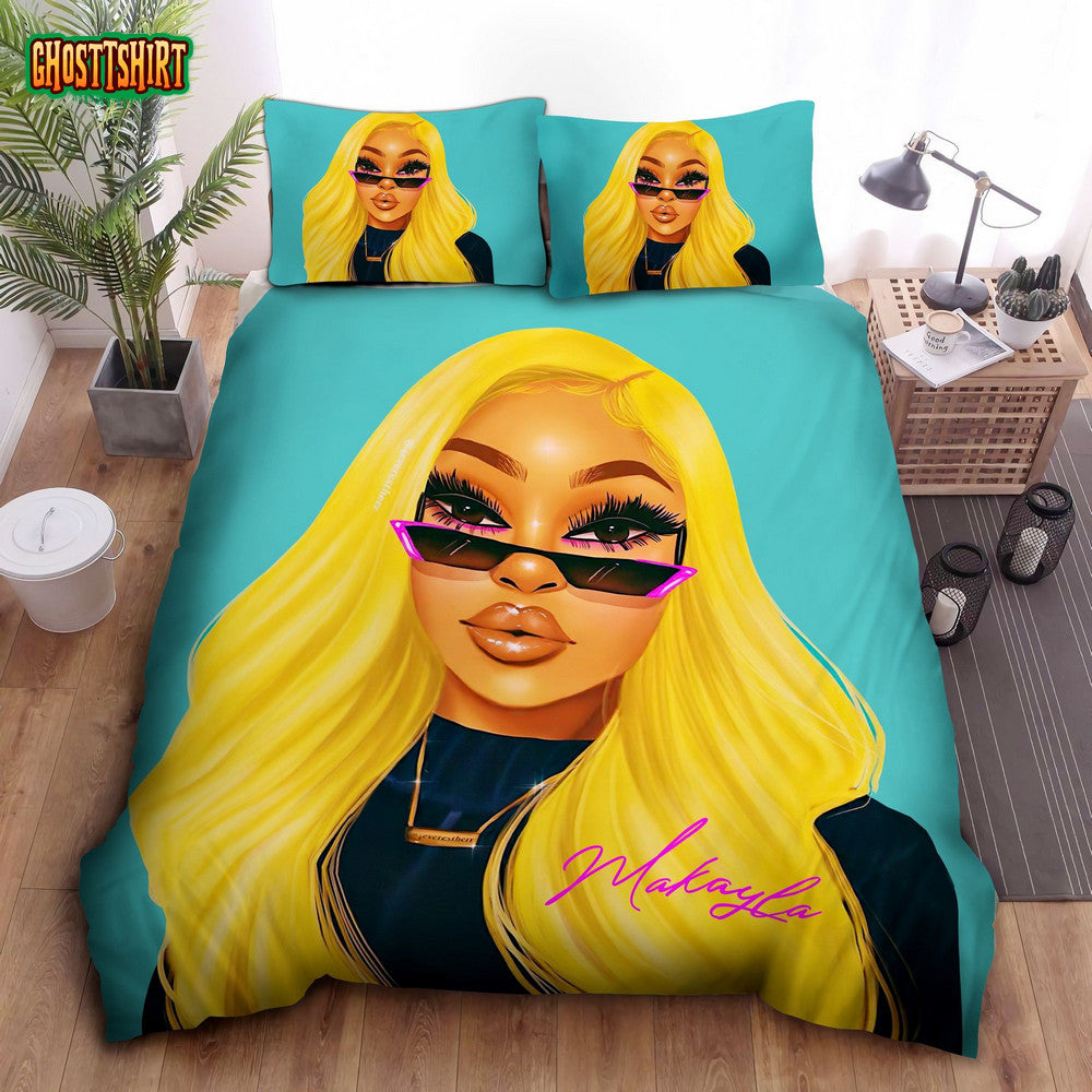 Black Pretty Girl With Yellow Hair Custom Name Duvet Cover Bedding Set