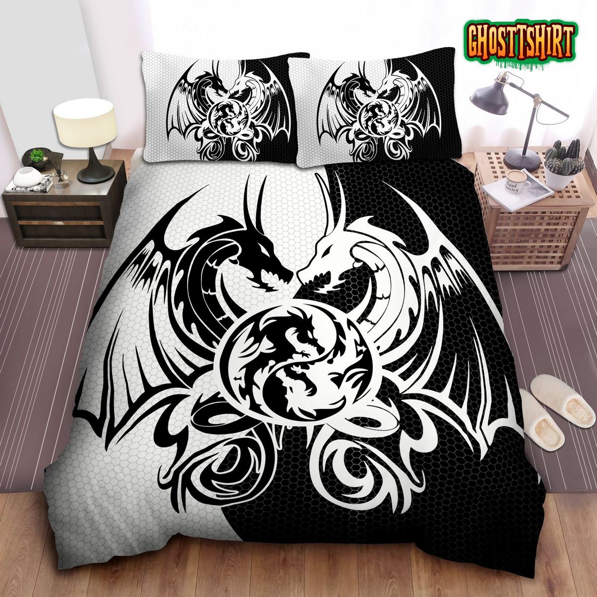 Black & White Dragon Art Bed Sheets Duvet Cover Bedding Set
