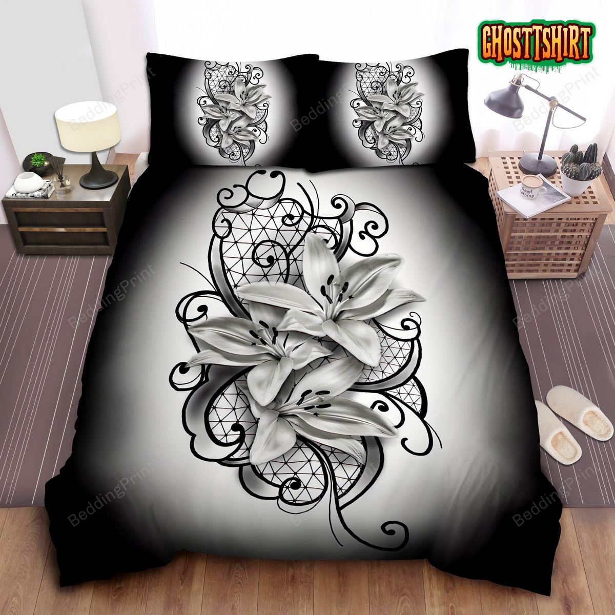 Black & White Lily Artwork Bed Sheets Duvet Cover Bedding Set