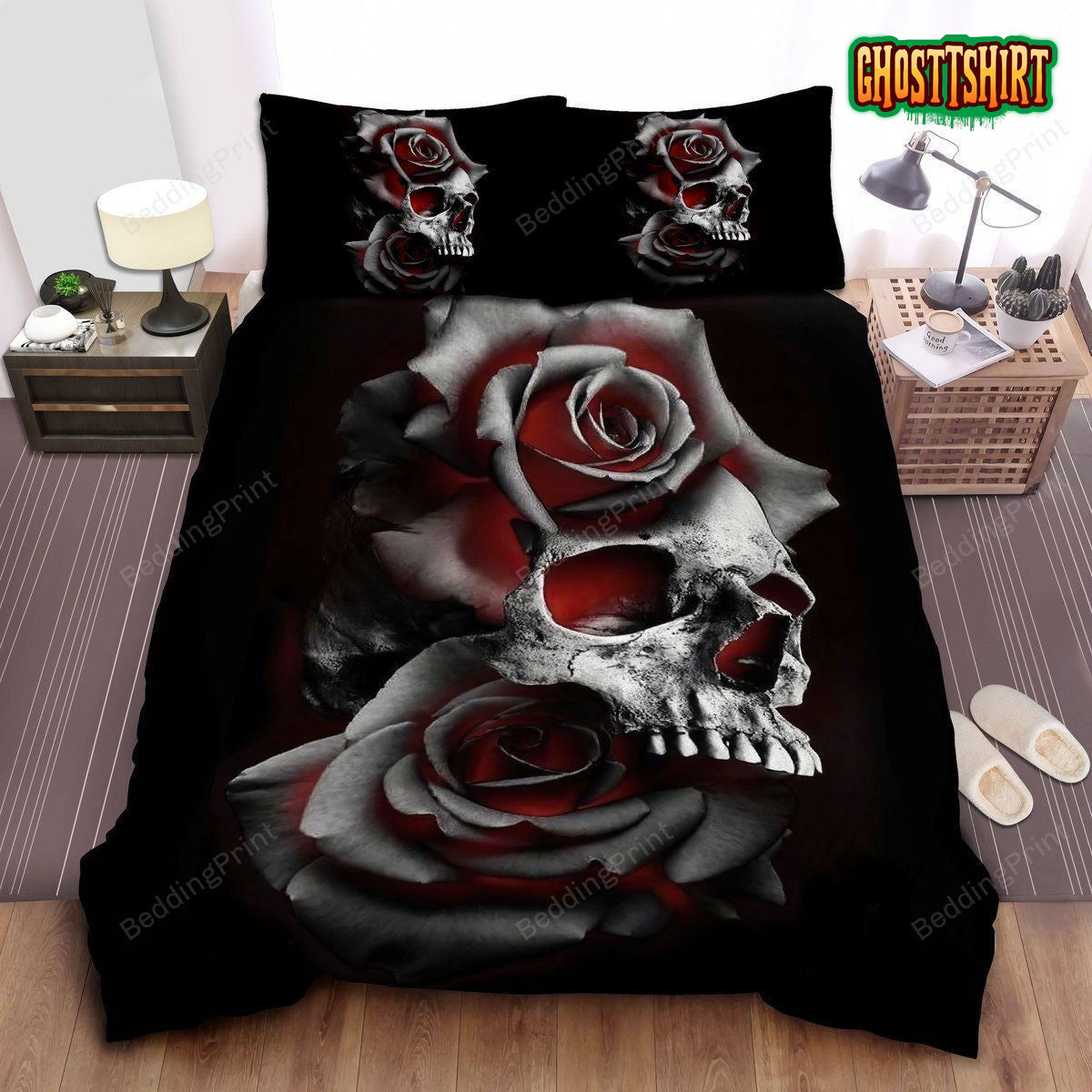 Black & White Skull & Roses Art Bed Sheets Duvet Cover Bedding Set