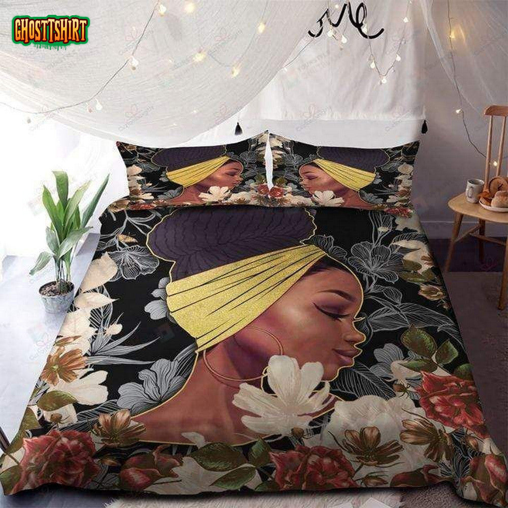 Black Woman With Bandana And Flowers Duvet Cover Bedding Set