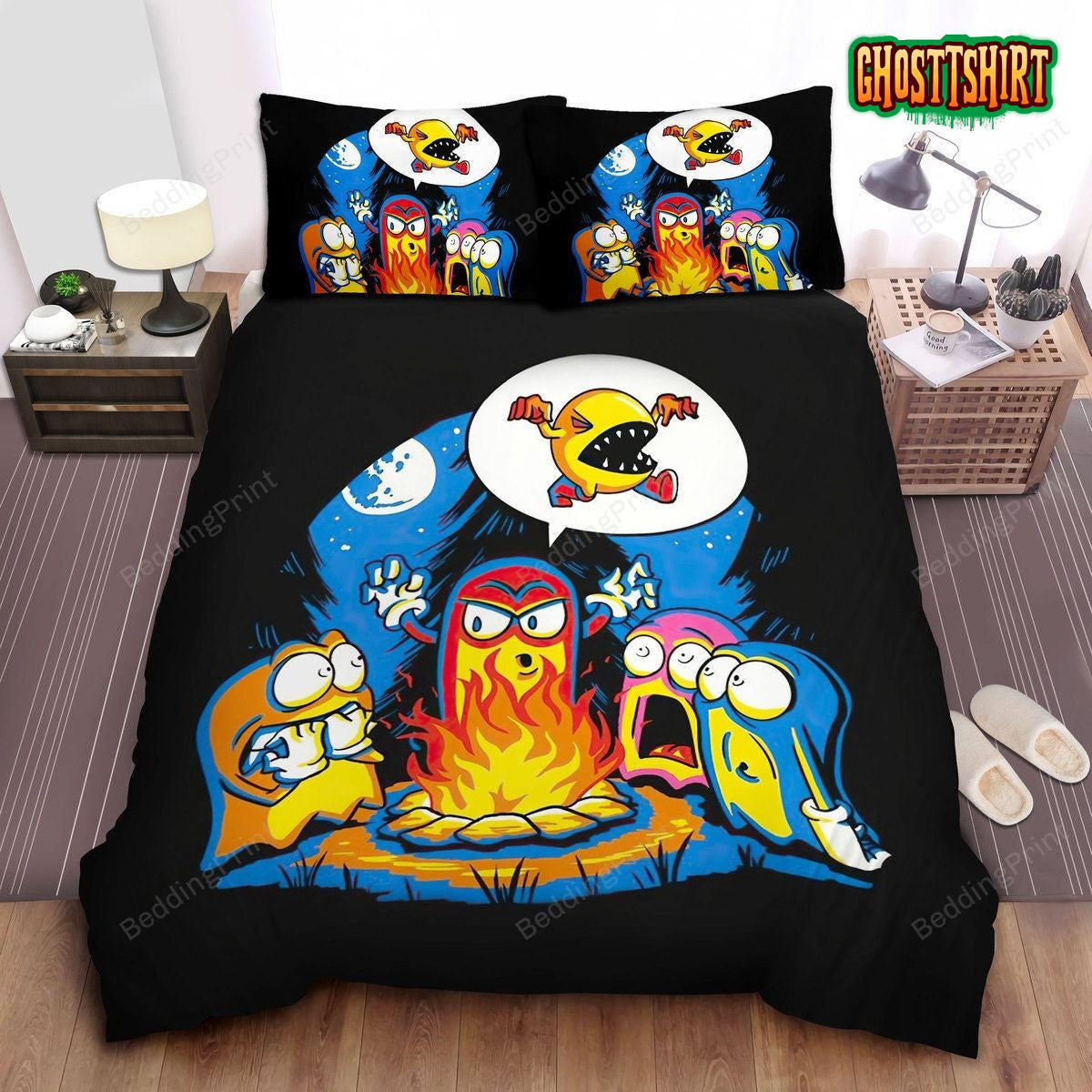 Blinky Telling Other Ghosts Scary Story About Pac-Man Bed Sheets Duvet Cover Bedding Set