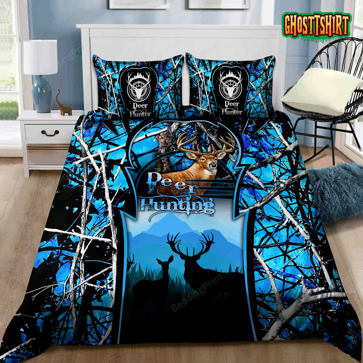 Blue Deer Hunting Bed Sheets Duvet Cover Bedding Set