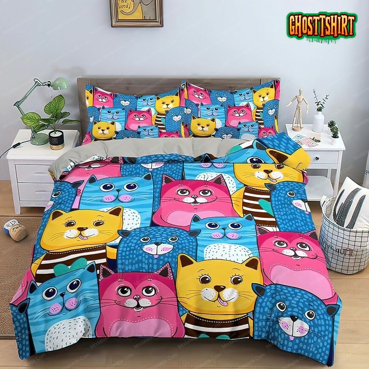 Blue, Pink and Yellow Cute Cats Kids Toddler Bedding Set