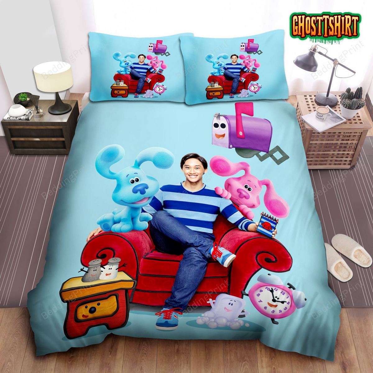 Blue's Clues Mail Box Blue And Pink Dogs Clocks Josh Sitting On Red Chair Bed Sheets Duvet Cover Bedding Set