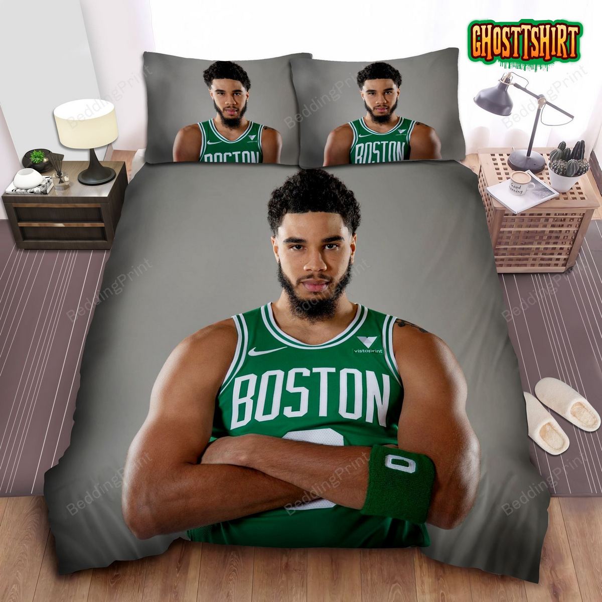 Boston Celtics Jayson Tatum In Basketball Photo Shoot Bed Sheet Duvet Cover Bedding Set