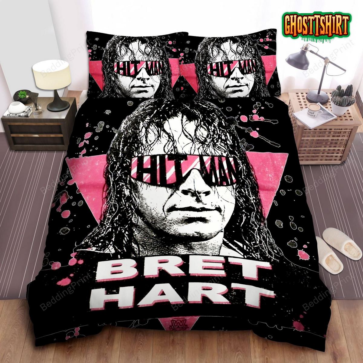 Bret The Hitman Hart With Super Cool Glasses Painting Bed Sheet Duvet Cover Bedding Set