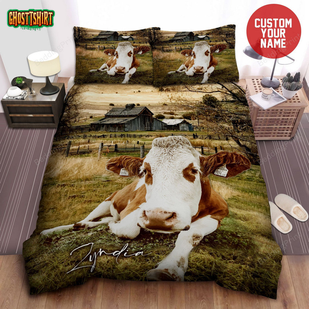 Brown Cow In Farm Custom Name Duvet Cover Bedding Set