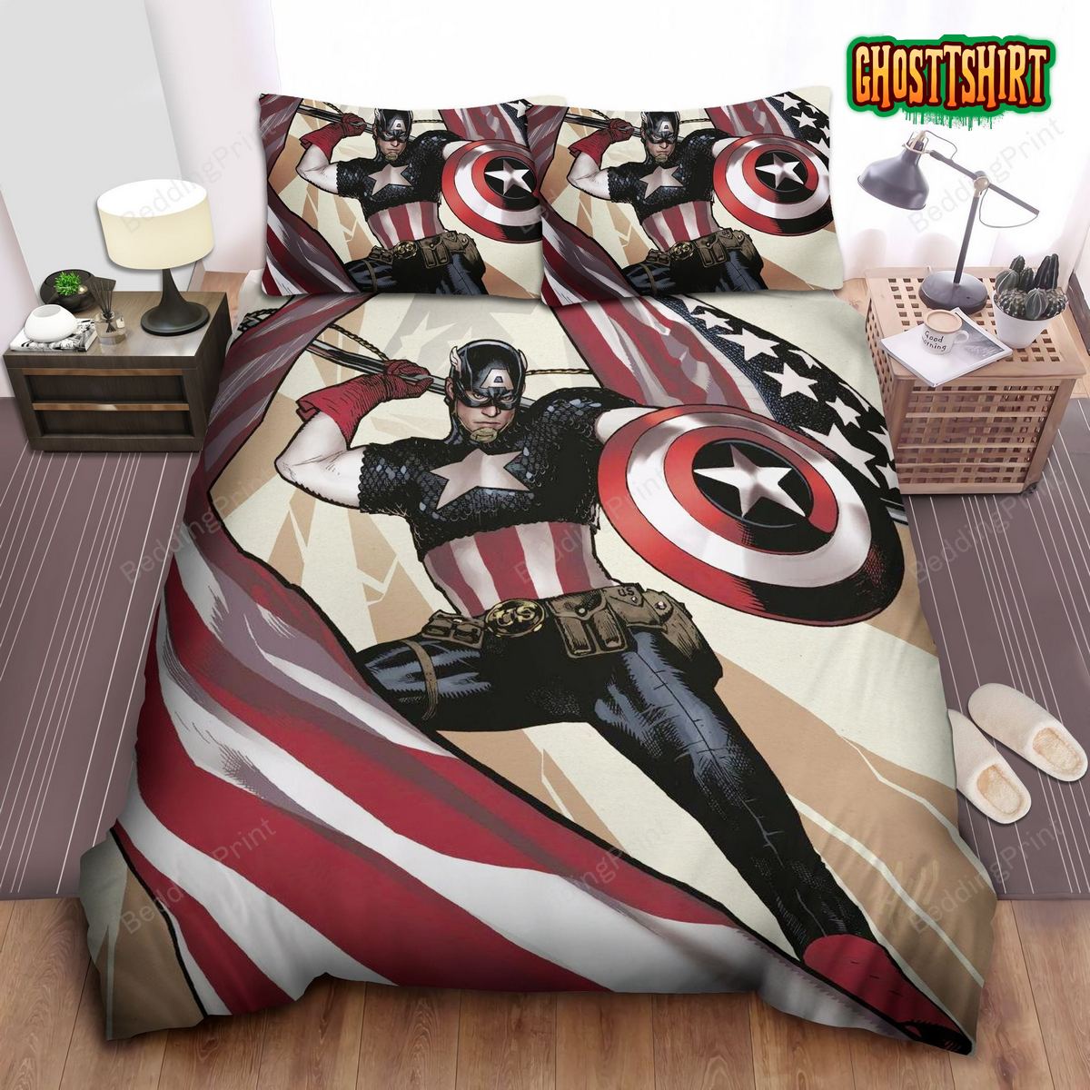 Captain America With American Flag Bed Sheets Duvet Cover Bedding Set