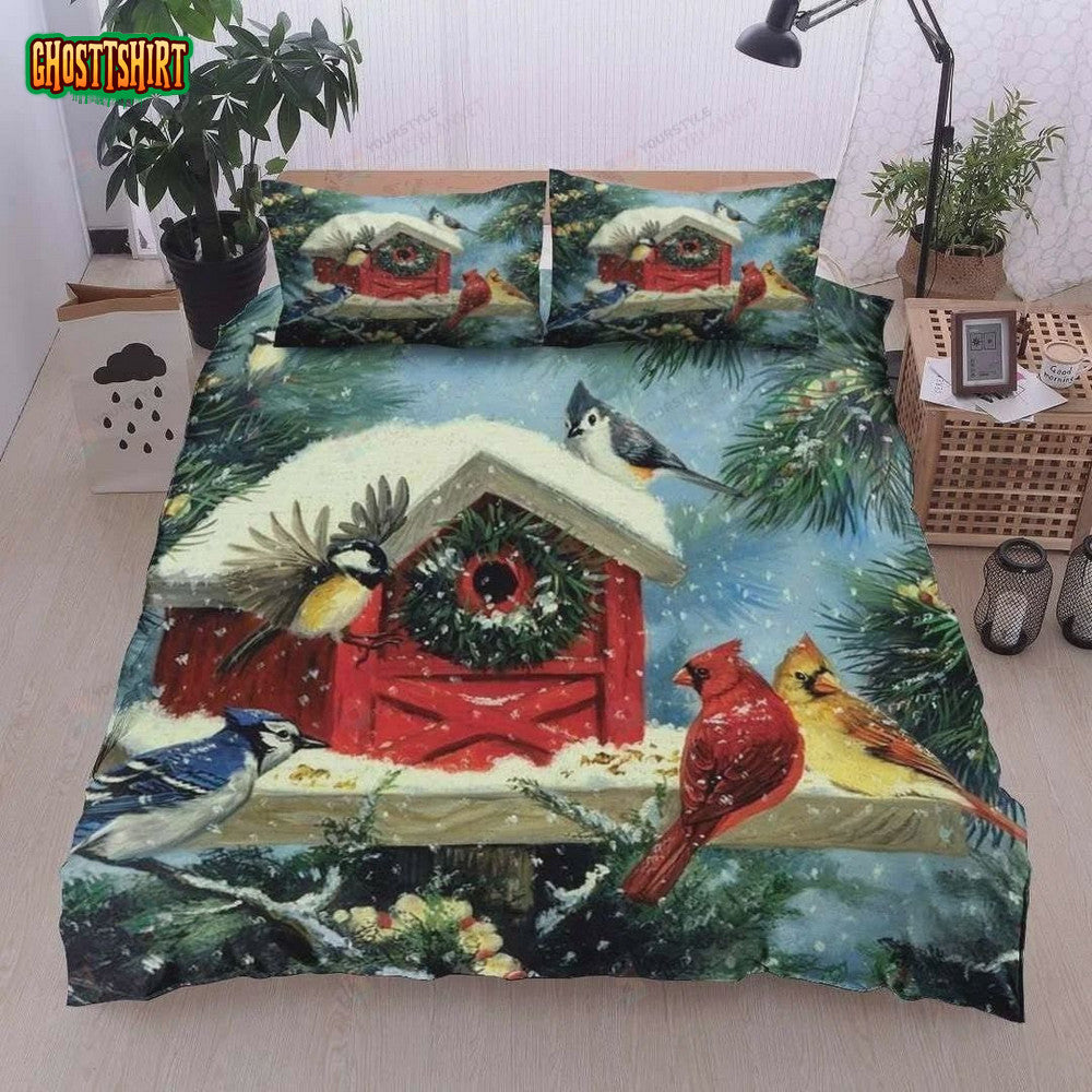 Cardinals With Snow House Cotton Bed Sheets Spread Comforter Duvet Cover Bedding Set