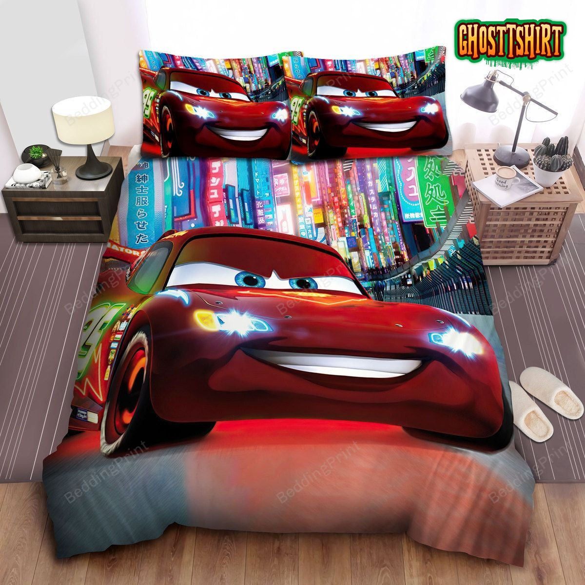 Cars Lightning Mcqueen On Tokyo Road Bed Sheets Duvet Cover Bedding Set