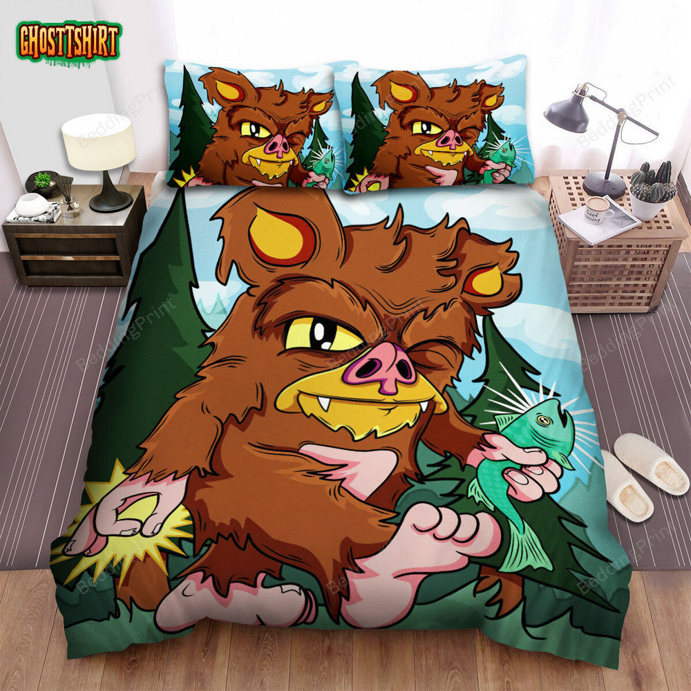 Cartoon Bigfoot Holding A Fish Bed Sheets Spread Duvet Cover Bedding Set