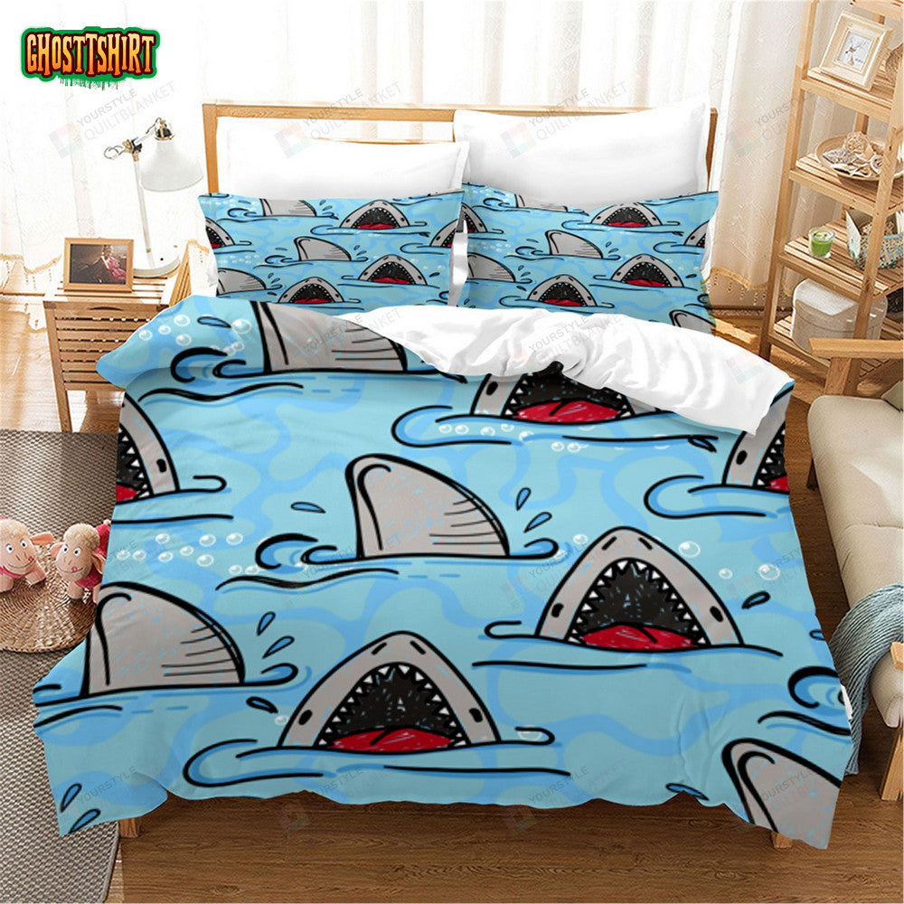 Cartoon Blue Sea Shark Bed Sheets Spread Duvet Cover Bedding Set