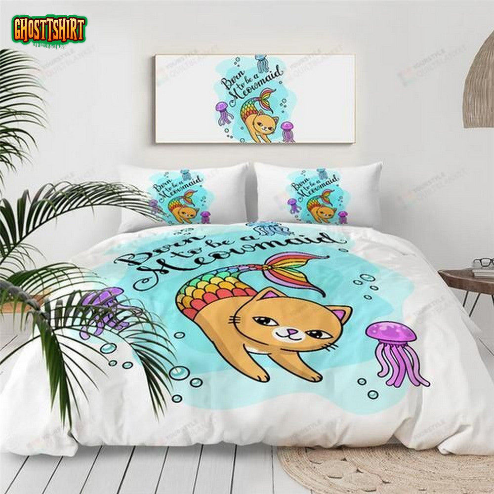 Cartoon Cat Mermaid Cotton Bed Sheets Spread Comforter Duvet Cover Bedding Set