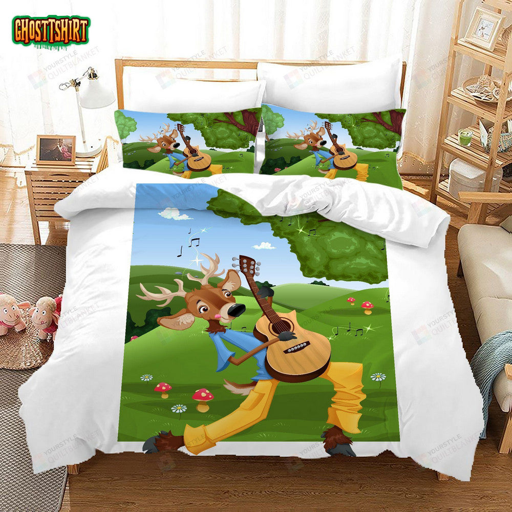 Cartoon Deer Play Guitar Bed Sheets Duvet Cover Bedding Set