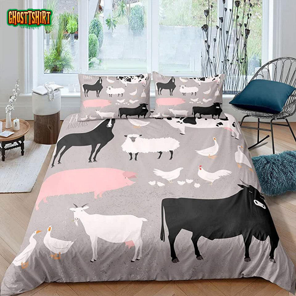 Cartoon Farm Animals Pattern Bed Sheets Spread Comforter Duvet Cover Bedding Set
