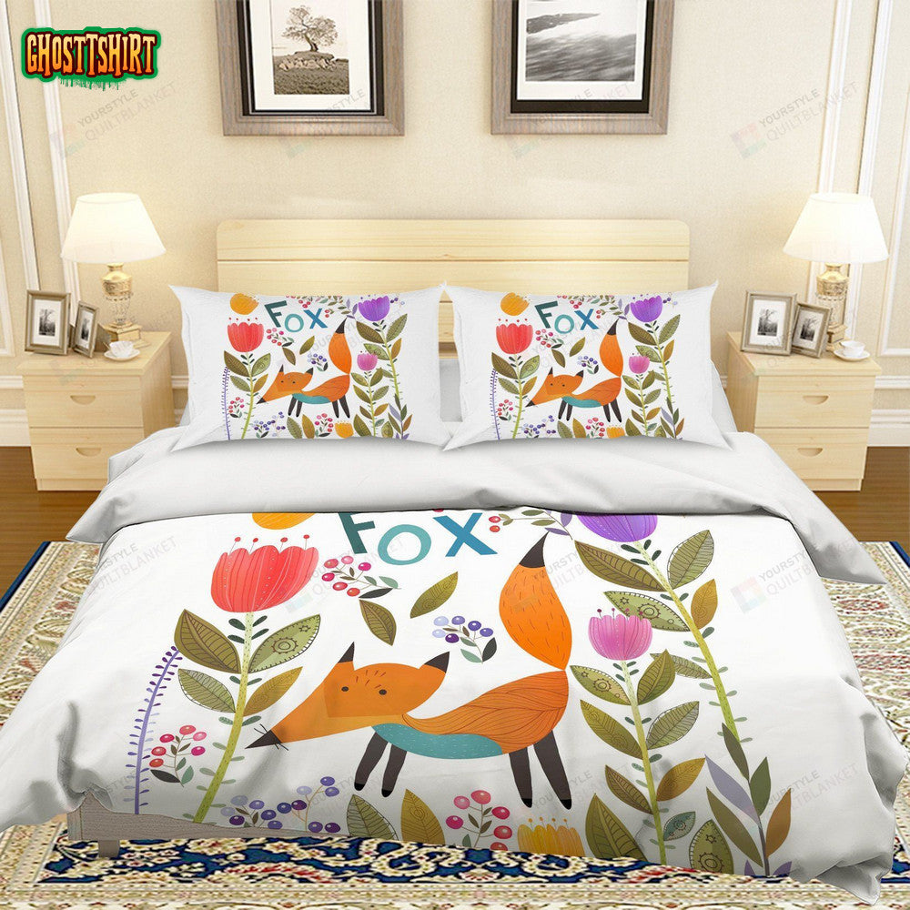 Cartoon Fox Flower Pattern Bed Sheets Duvet Cover Bedding Set