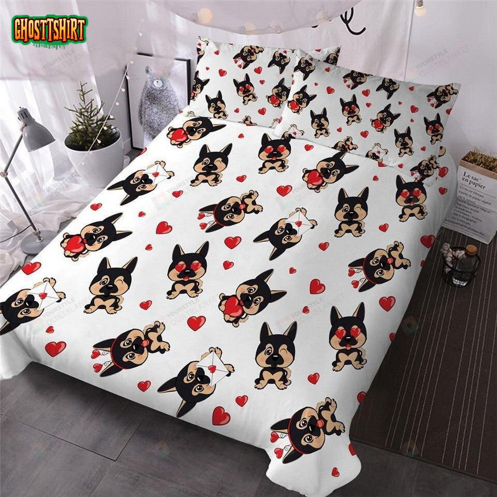Cartoon Love Puppy German Shepherds Cotton Bed Sheets Spread Comforter Duvet Cover Bedding Set