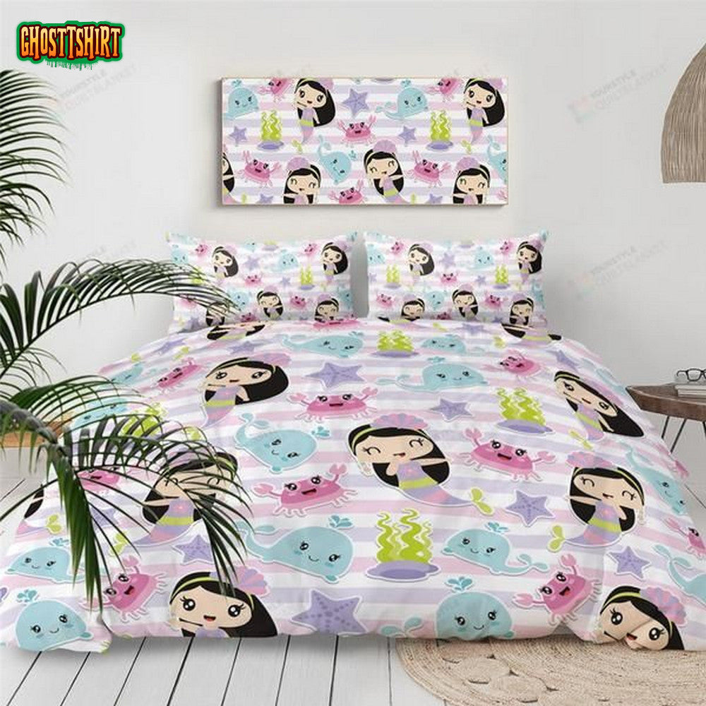 Cartoon Mermaid Girl Cotton Bed Sheets Spread Comforter Duvet Cover Bedding Set