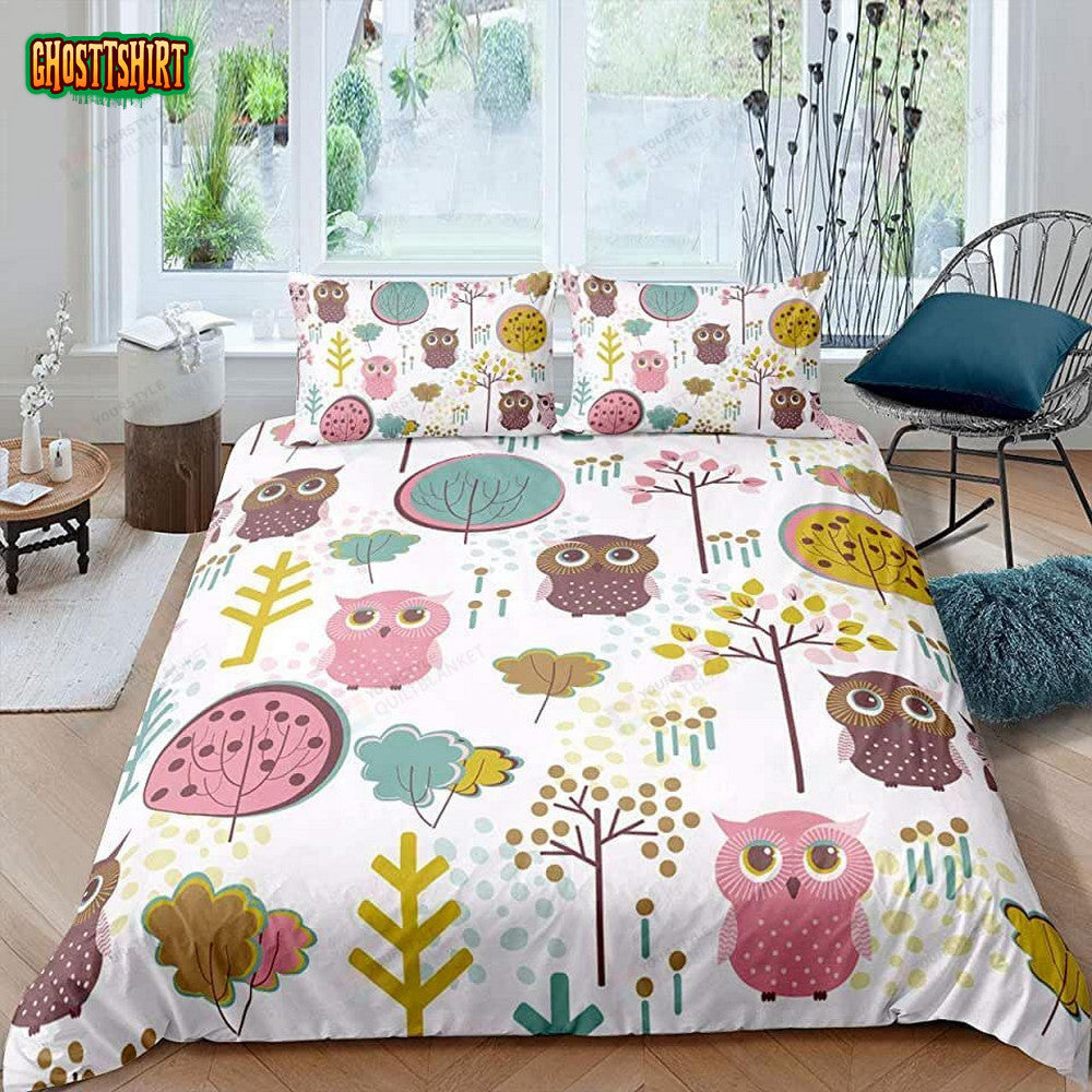 Cartoon Owl Pattern Bed Sheets Spread Comforter Duvet Cover Bedding Set