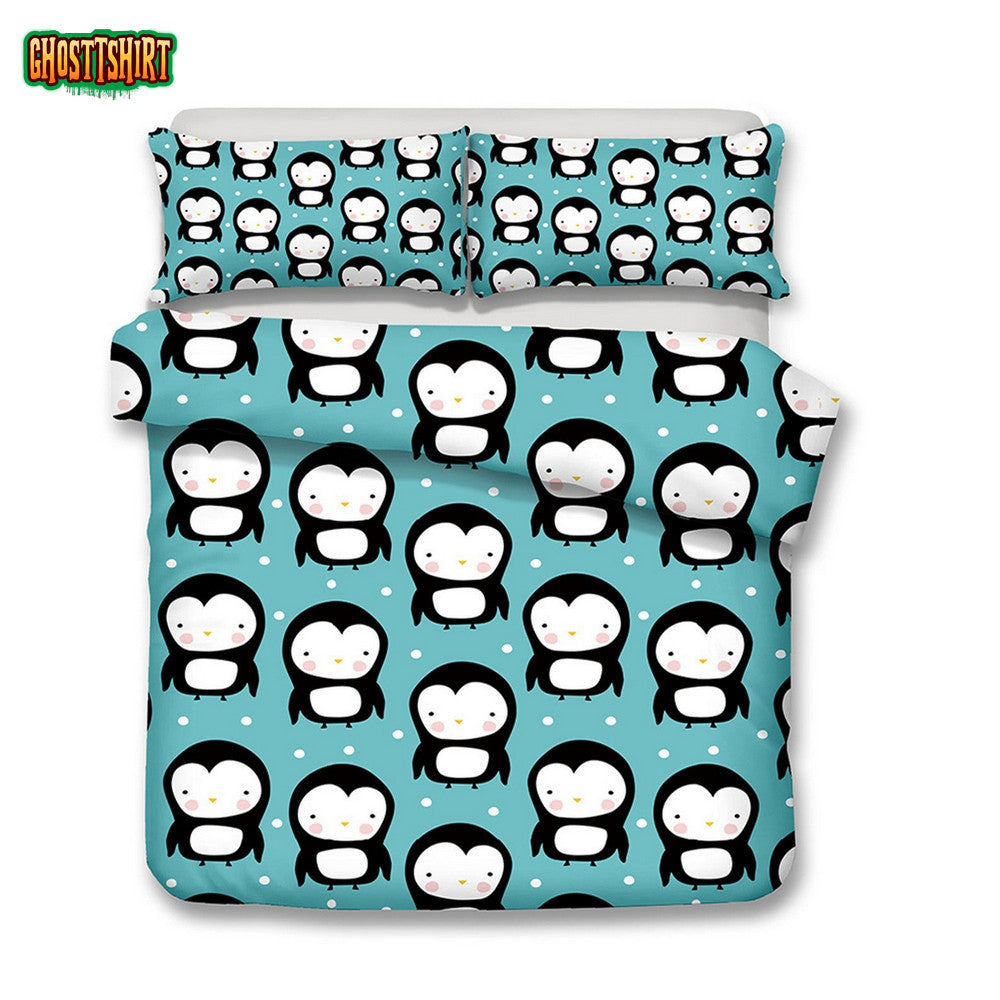 Cartoon Penguin Pattern Bed Sheets Spread Comforter Duvet Cover Bedding Set