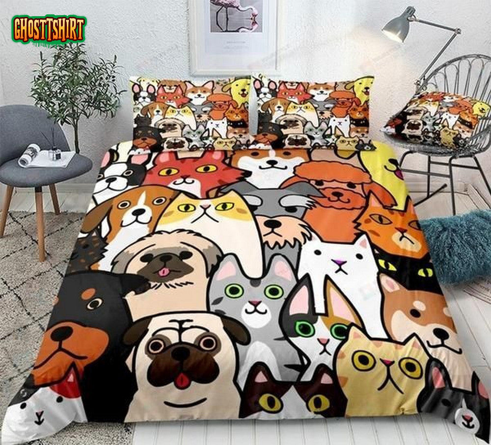 Cartoon Pets Faces Cotton Bed Sheets Spread Comforter Duvet Cover Bedding Set