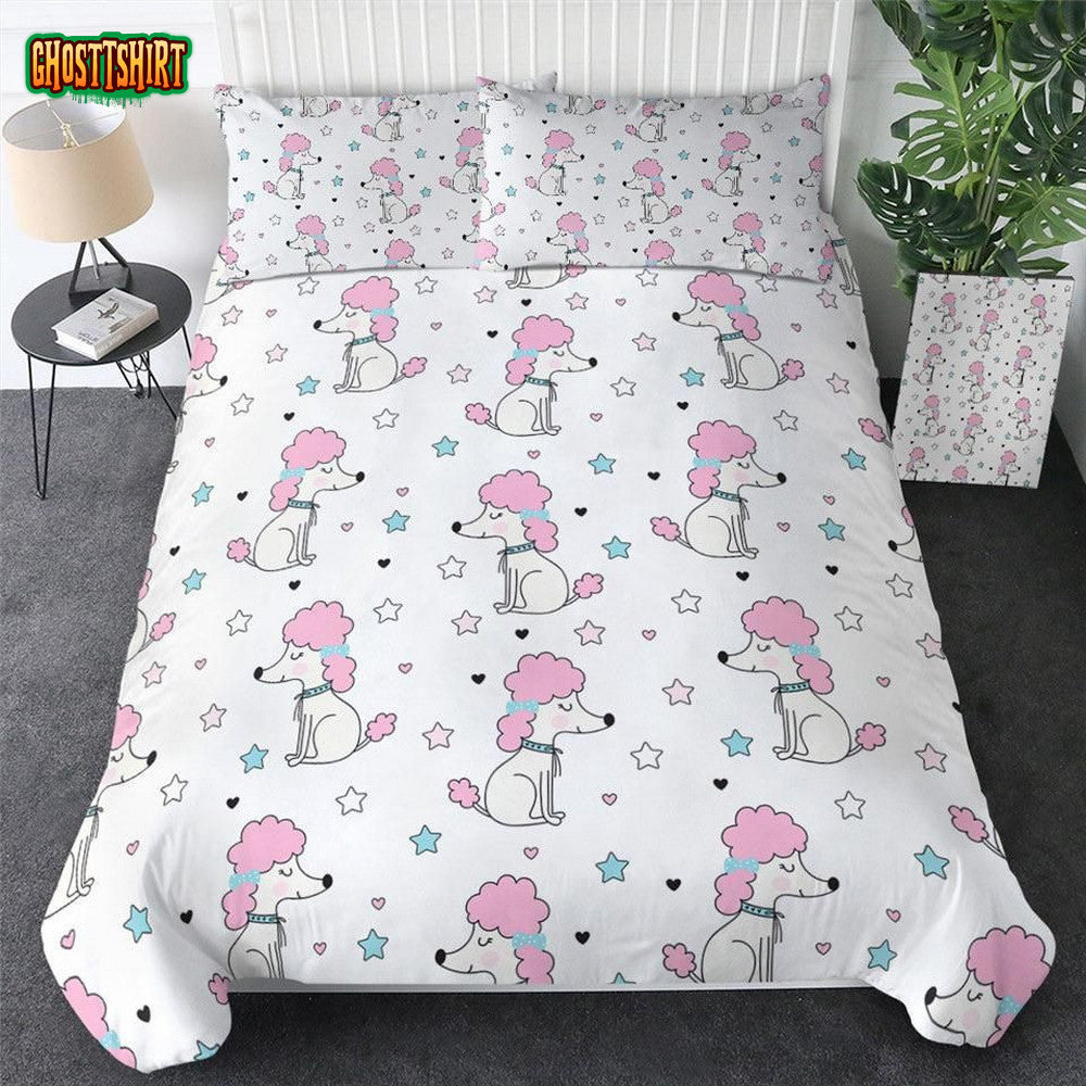 Cartoon Pink Poodle Pattern Bed Sheets Spread Comforter Duvet Cover Bedding Set
