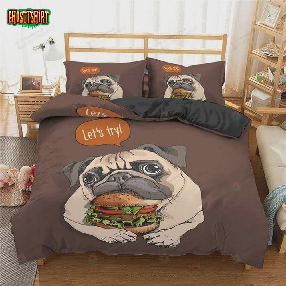 Cartoon Pug Dog Eating Hamburger Cotton Bed Sheets Spread Comforter Duvet Cover Bedding Set