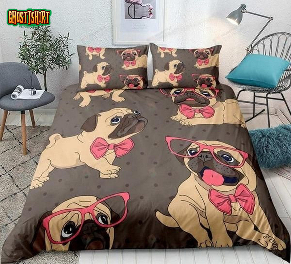 Cartoon Pug Dog With Pink Glasses Cotton Bed Sheets Spread Comforter Duvet Cover Bedding Set