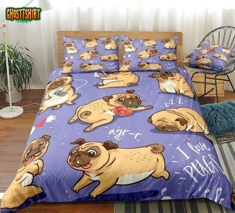 Cartoon Pugs Cotton Bed Sheets Spread Comforter Duvet Cover Bedding Set