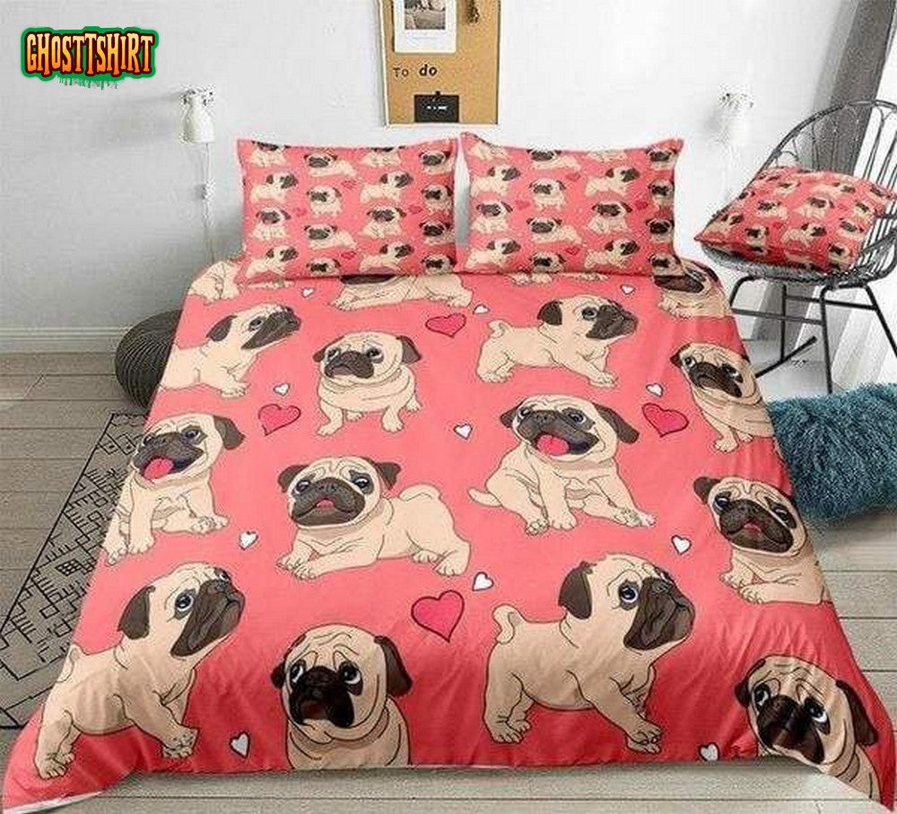 Cartoon Pugs Red Cotton Bed Sheets Spread Comforter Duvet Cover Bedding Set