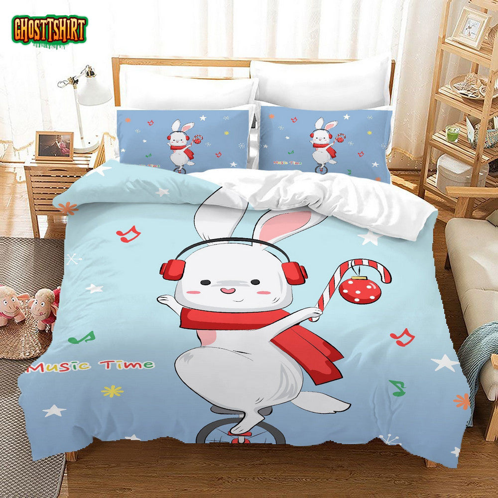 Cartoon Rabbit Music Time Bed Sheet Duvet Cover Bedding Set