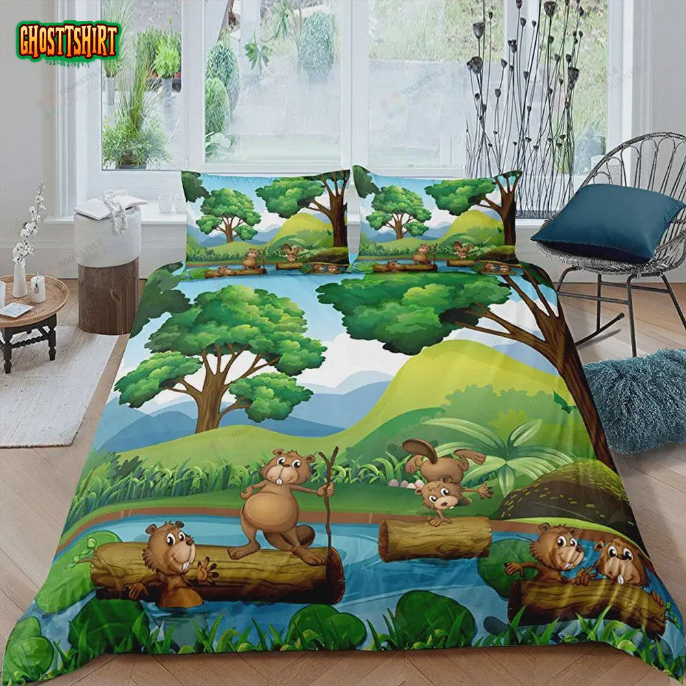 Cartoon Squirrels In The Forest Pattern Bed Sheets Duvet Cover Bedding Set