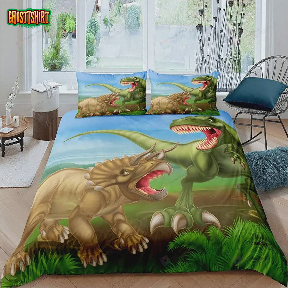 Cartoon Triceratops And Dinosaur Pattern Bed Sheets Duvet Cover Bedding Set