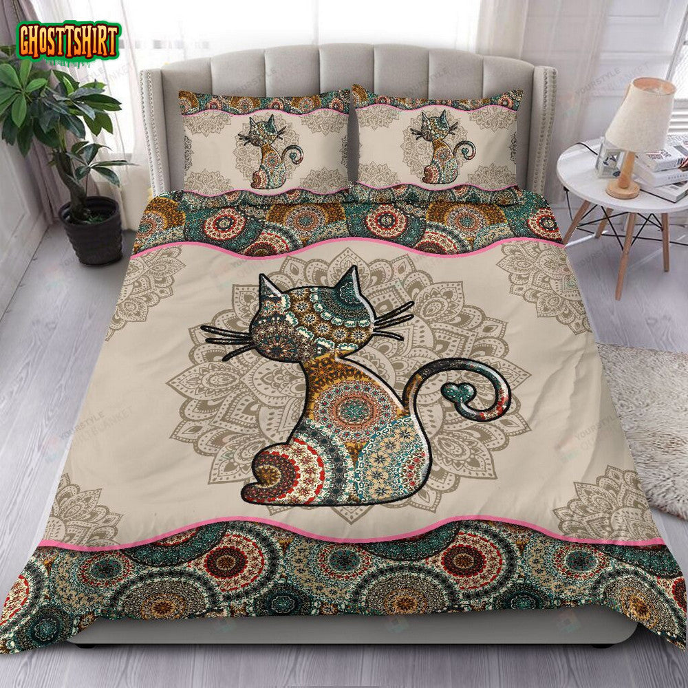 Cat Cartoon Mandala Bed Sheets Spread Duvet Cover Bedding Set