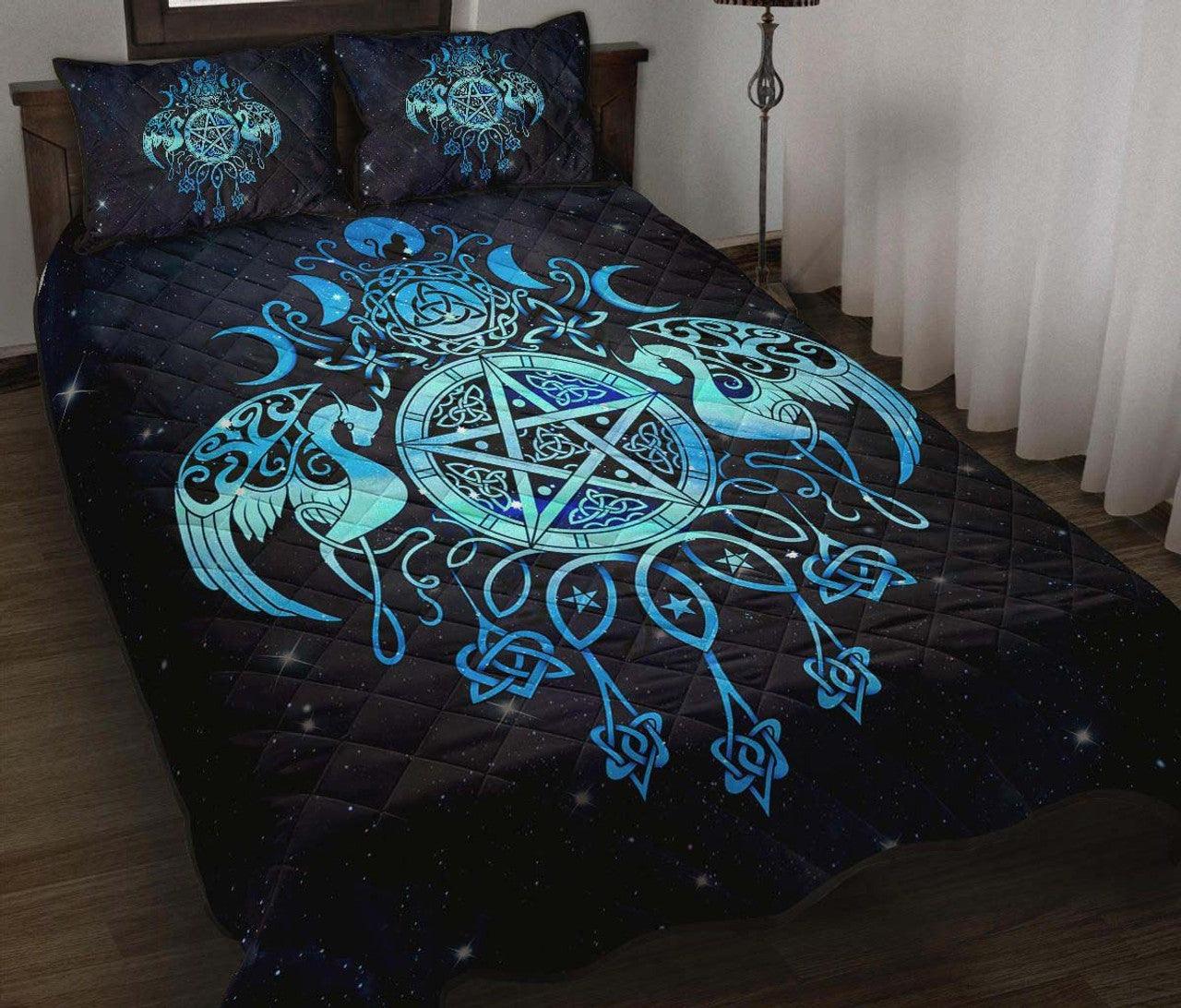 Custom Celtic Wiccan Wicca Pentacle Starry Night - Witch 3-Piece Quilt Bedding Set