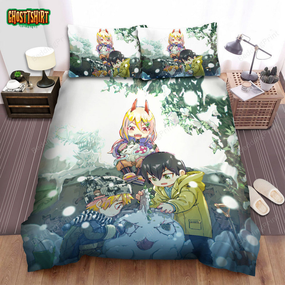 Chainsaw Man Adorable Chibi Characters In Snow Artwork Bed Sheets Spread Duvet Cover Bedding Set