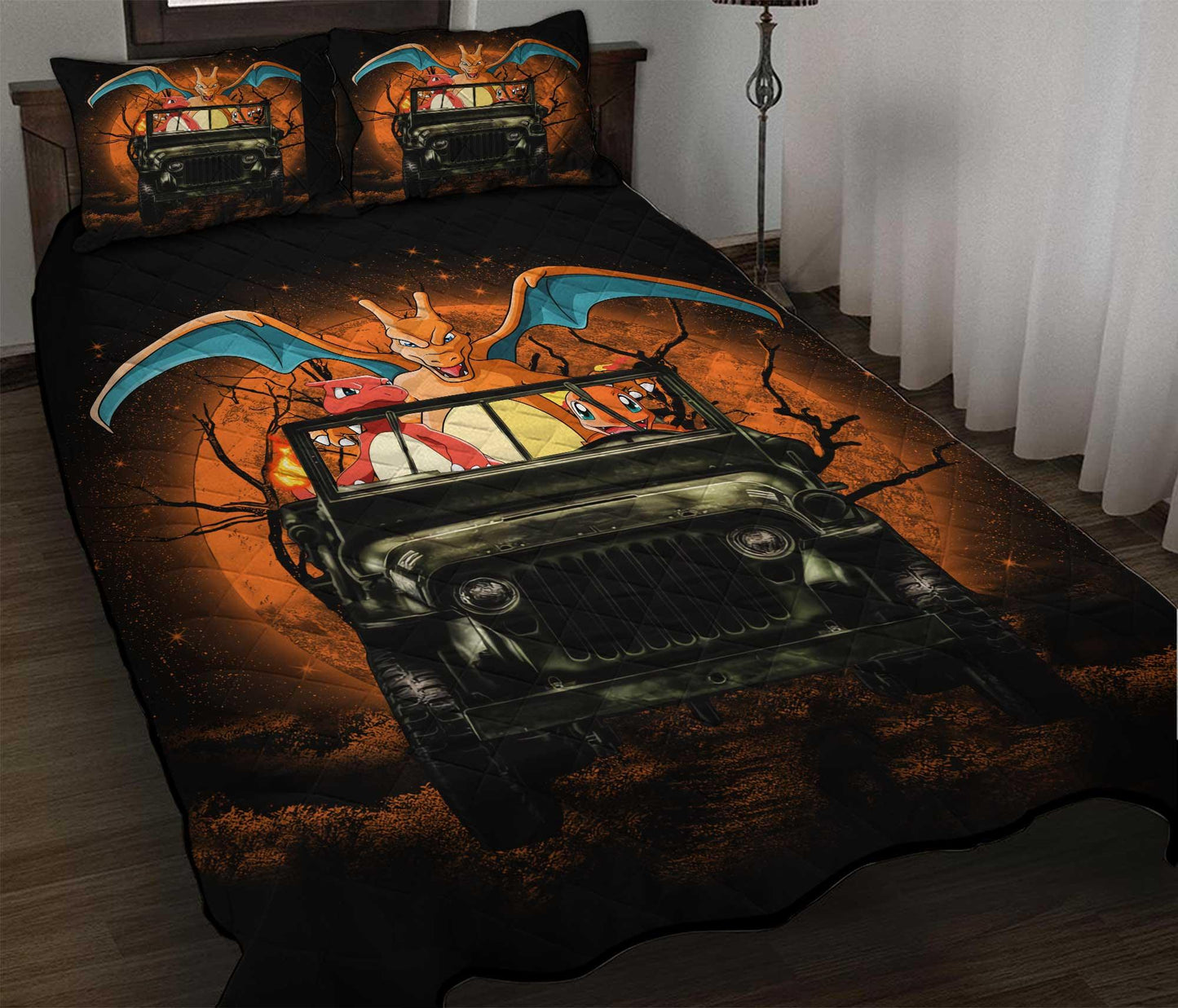 Personalized Charizard Charmander Drive Funny Moonlight Halloween Themed 3-pc Quilt Bedding Set