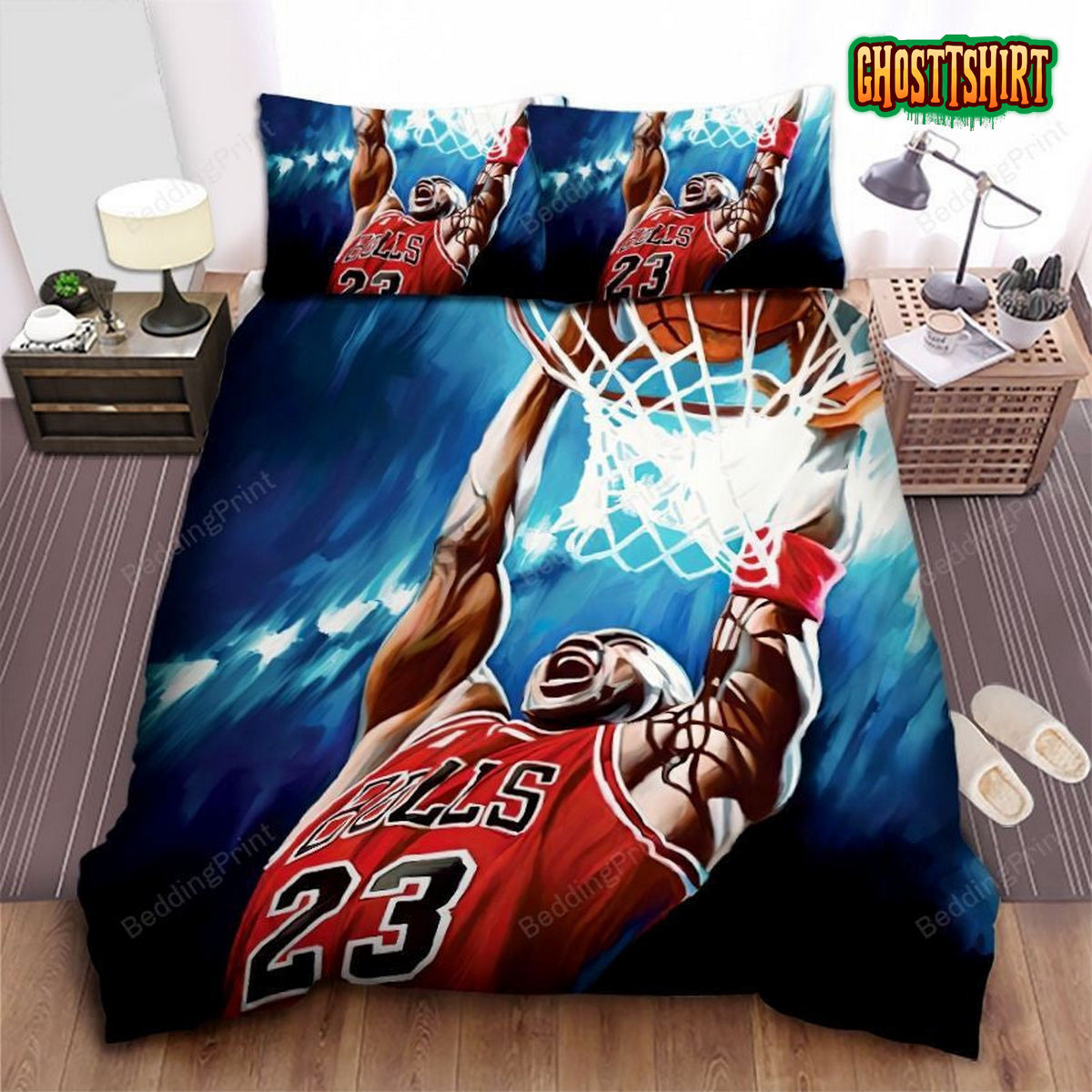 Chicago Bulls Michael Jordan Powerful Dunk Illustration Bed Sheet Duvet Cover Bedding Set